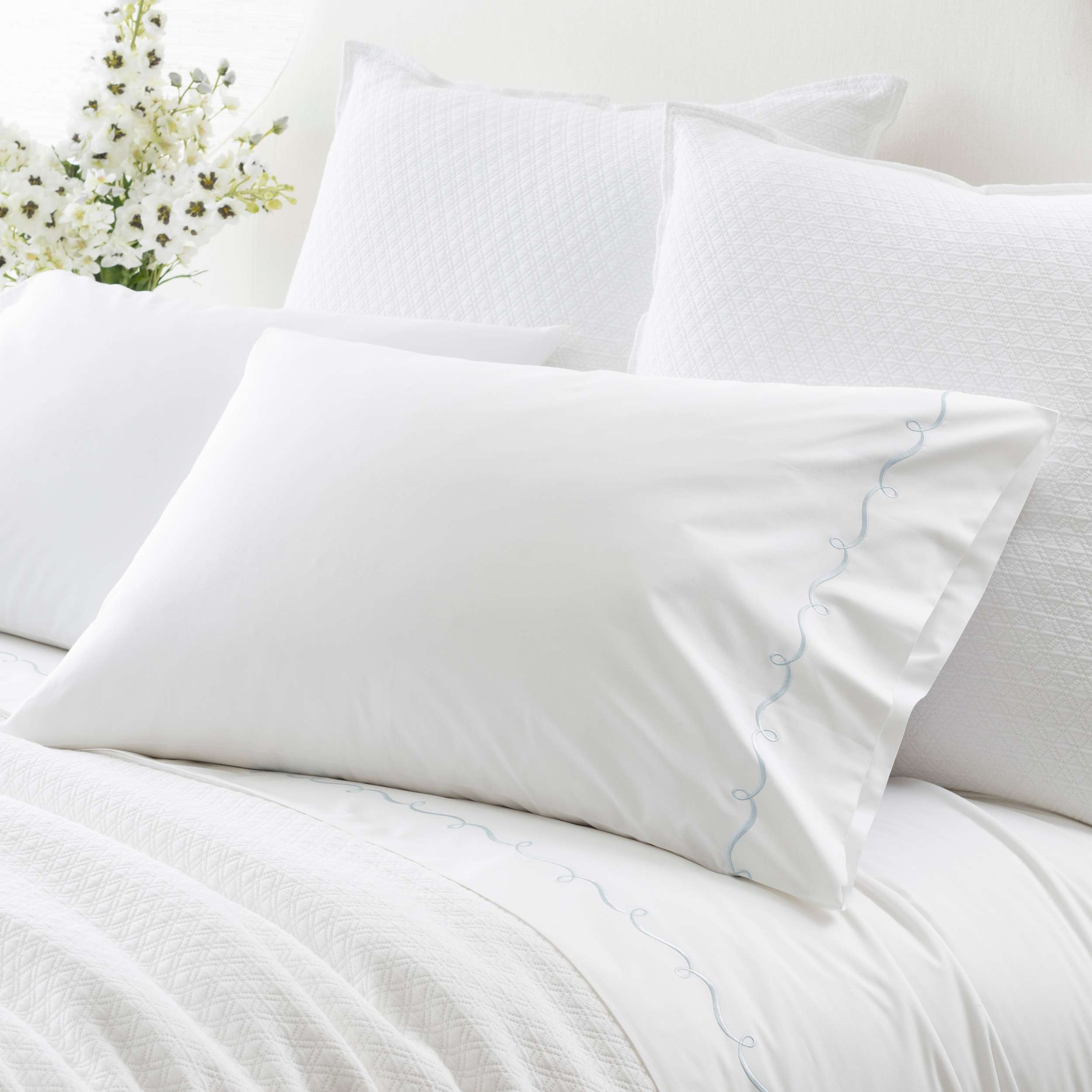 Embroidered Hem White/Dusty Blue Pillowcases (Pair) Pine Cone Hill