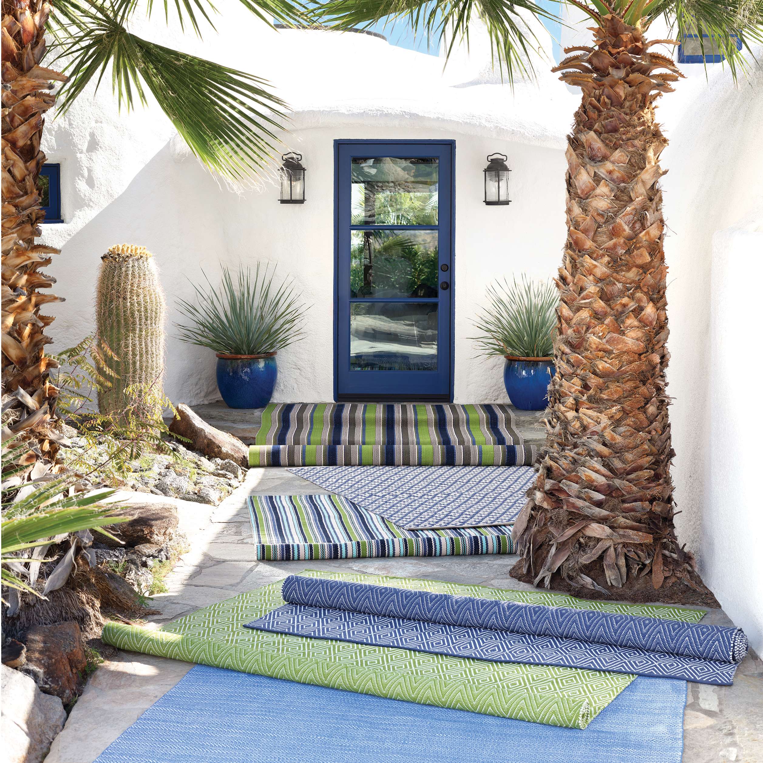 Fiesta Stripe French Blue/Green Handwoven Indoor/Outdoor Rug